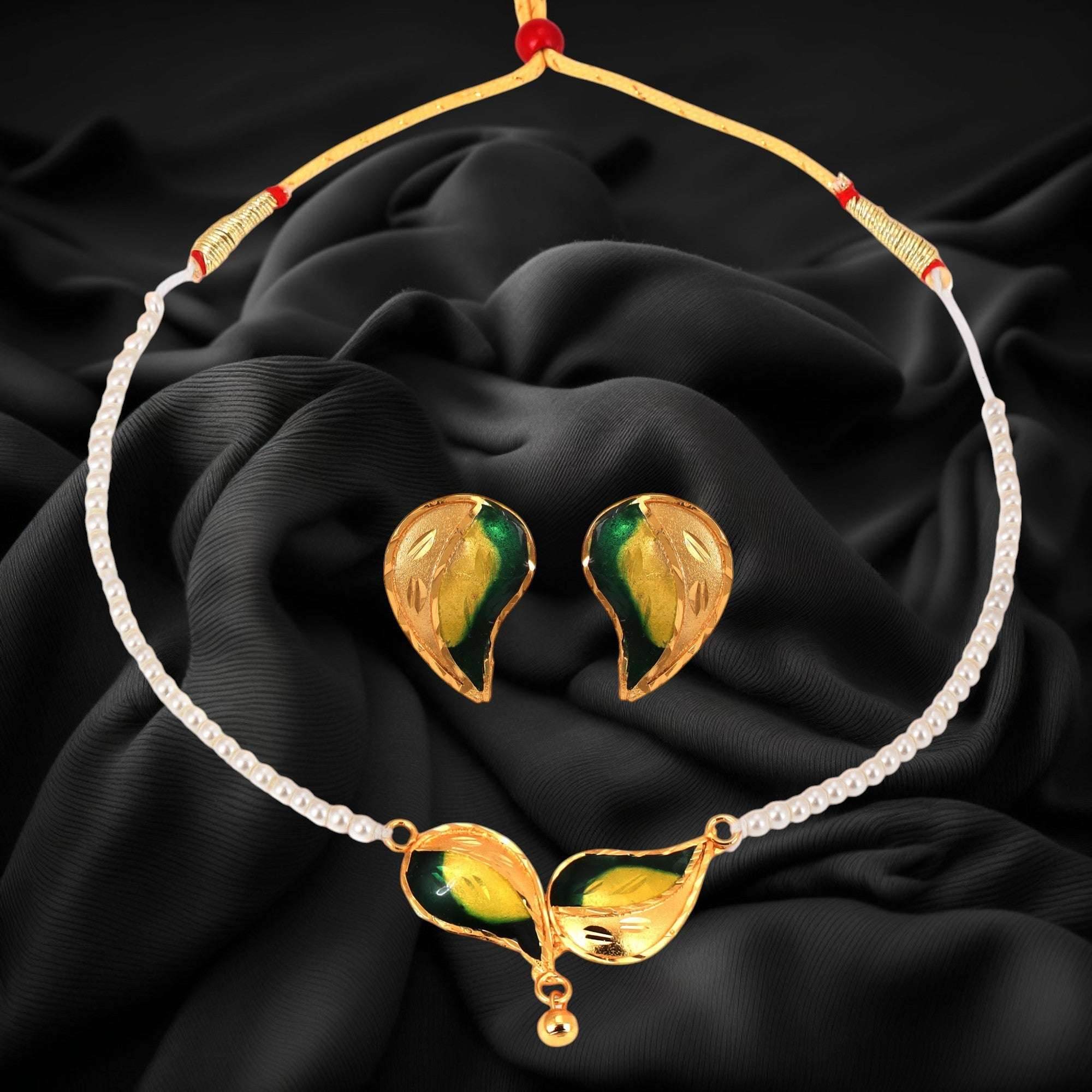 Minakari Leaf Locket With Ear Ring Studs - Salankara Creation