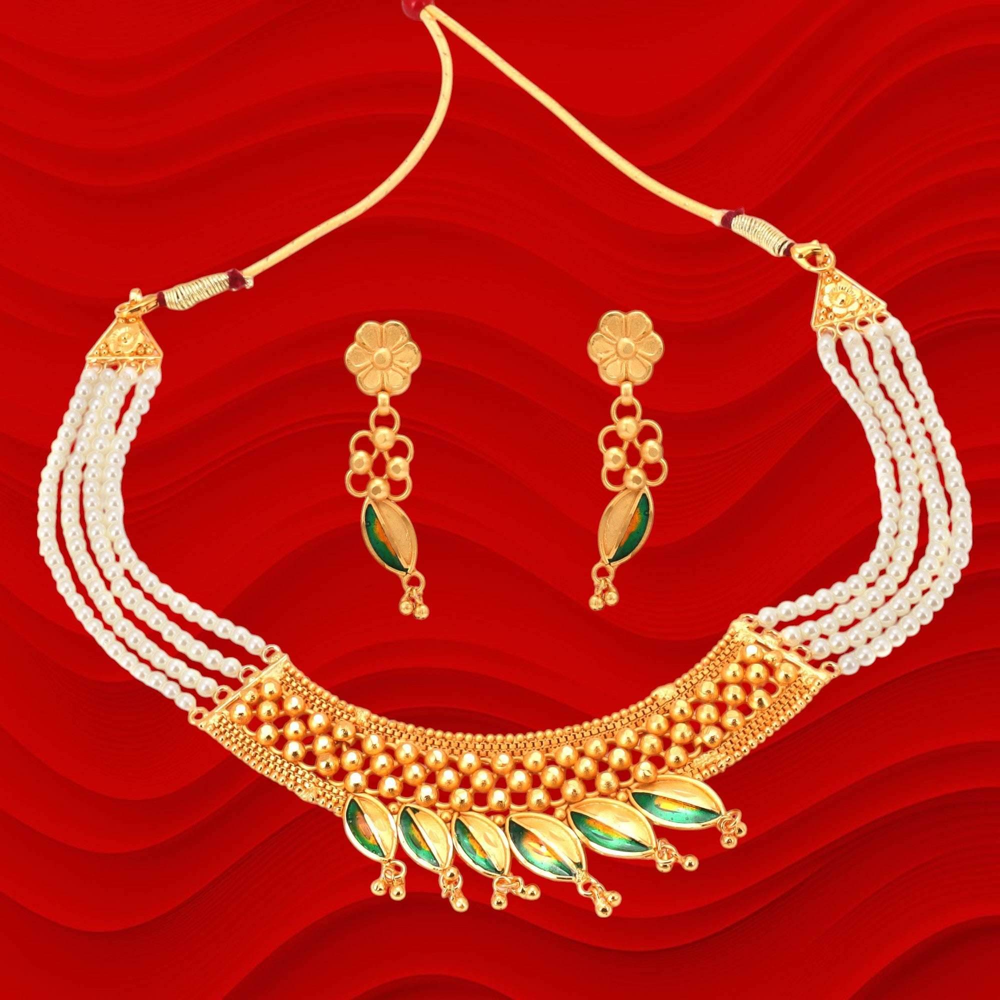 Designer Minakari Pearl Neckless with Ear Ring Pair - Salankara Creation