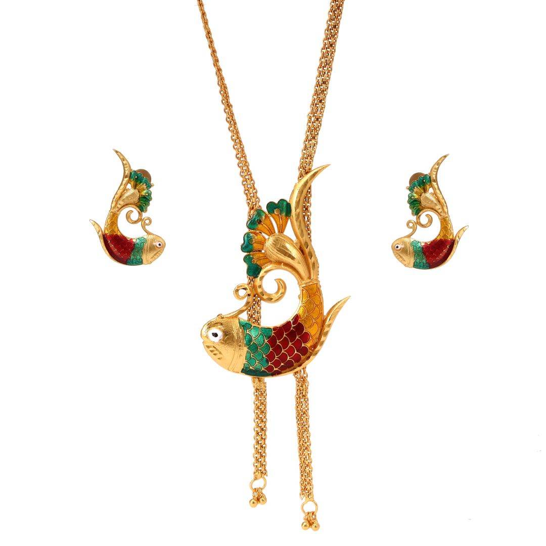 Salankara Creation Fish Locket Minakari long Tie Chain with Earrings Pair - Salankara Creation