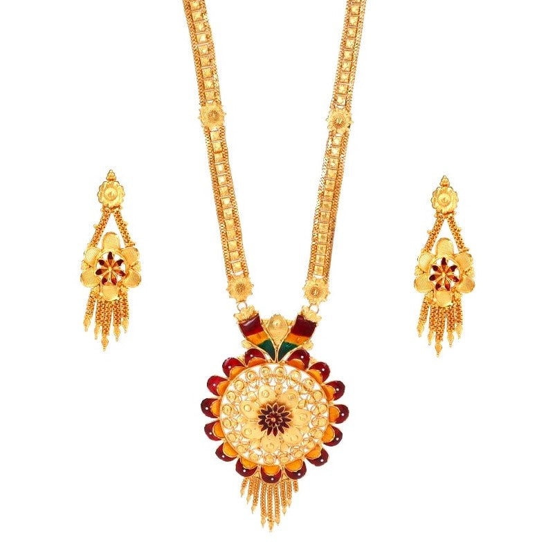 Salankara Creation Round Minakari Flower Locket Bell Set/Sita Har/Rani Har with Earrings Pair